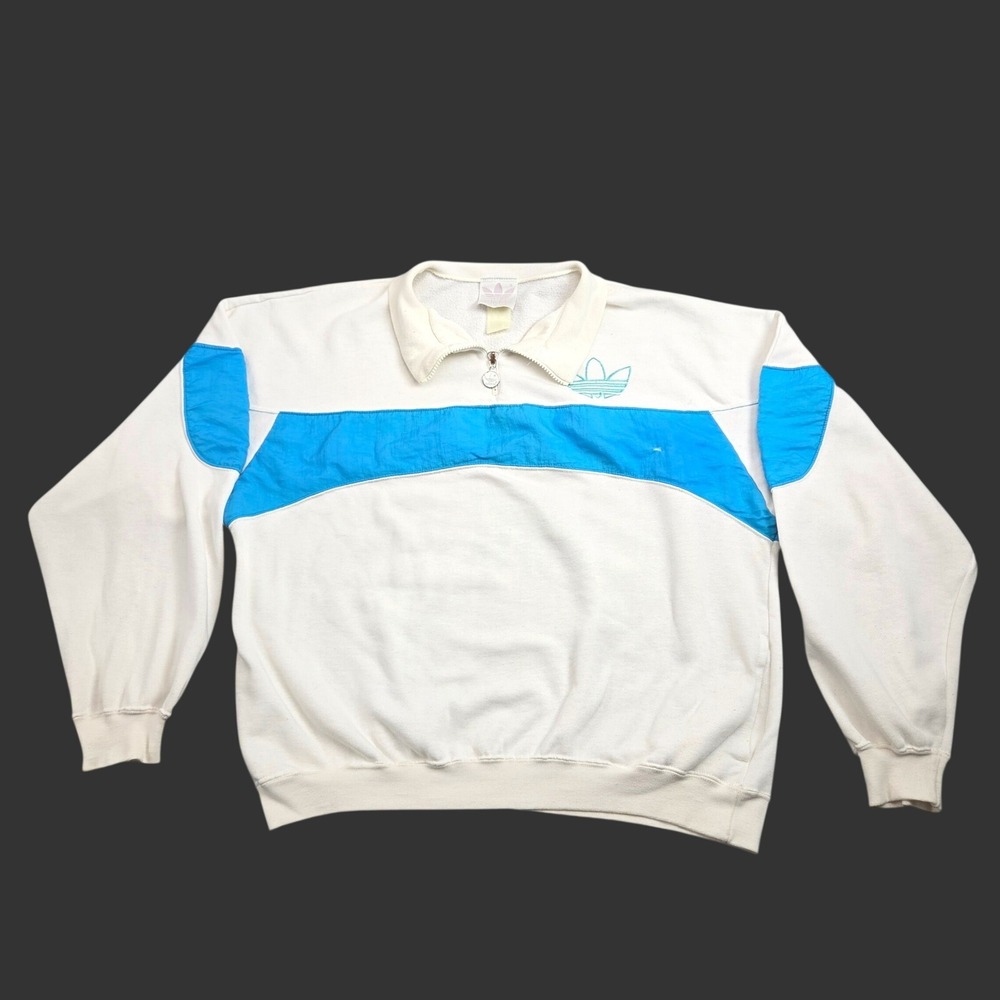 Adidas Pullover Jacket XL White Blue 1/4 Zip Vintage 80s Streetwear Colorblock
